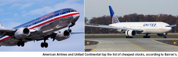 American Airlines and United Continental top the list of cheapest stocks, according to Barron's