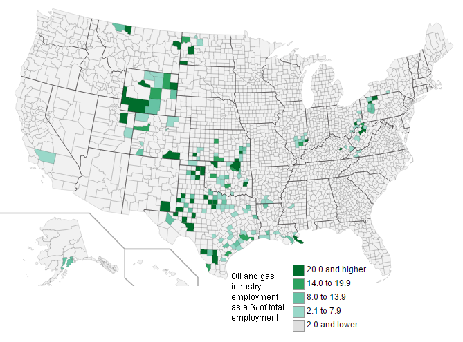 Counties heavily reliant on oil and gas production may be more affected if it slows
