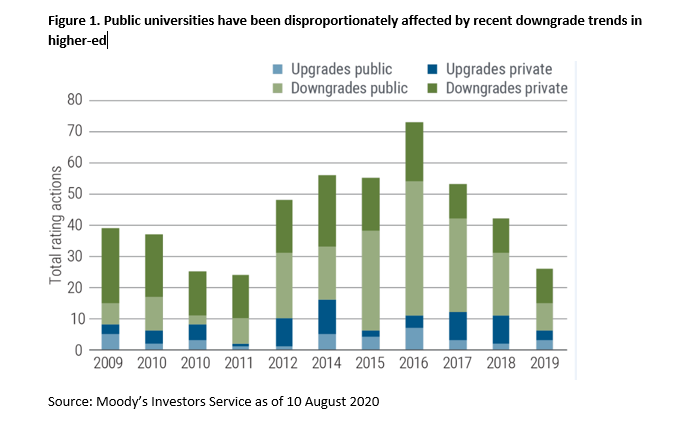 This bar chart shows actions by ratings agencies applied to both public and private universities. The chart shows that public universities have been disproportionately affected by recent downgrade trends in higher education.